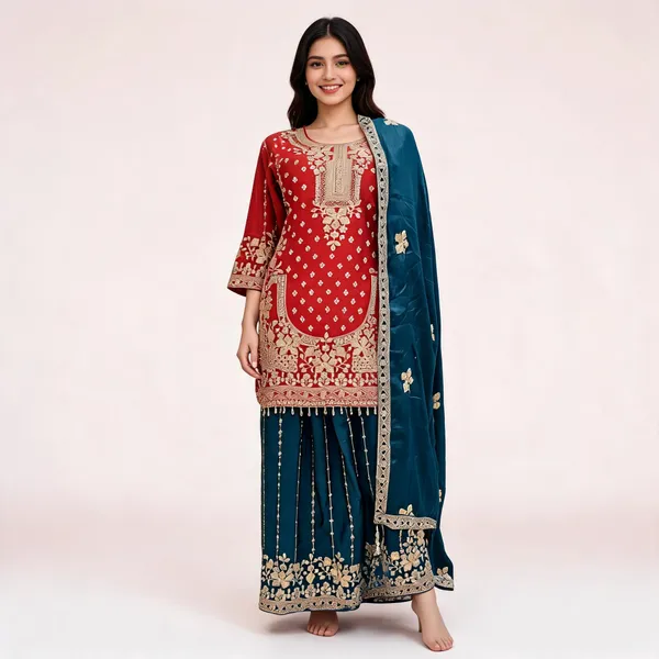 Burnt_Orange_Vichitra_Cut_Work_Palazzo_Kurta_Dupatta_Set_For_Women