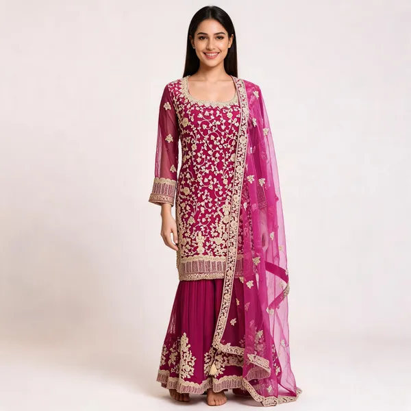 Wine_Net_Embroidered_Stone_Work_Gharara_Kurta_Dupatta_Set_For_Women