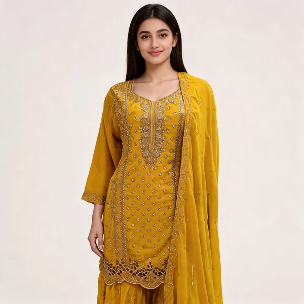 Yellow_Georgette_Cut_Work_Palazzo_Kurta_Dupatta_Set_For_Women