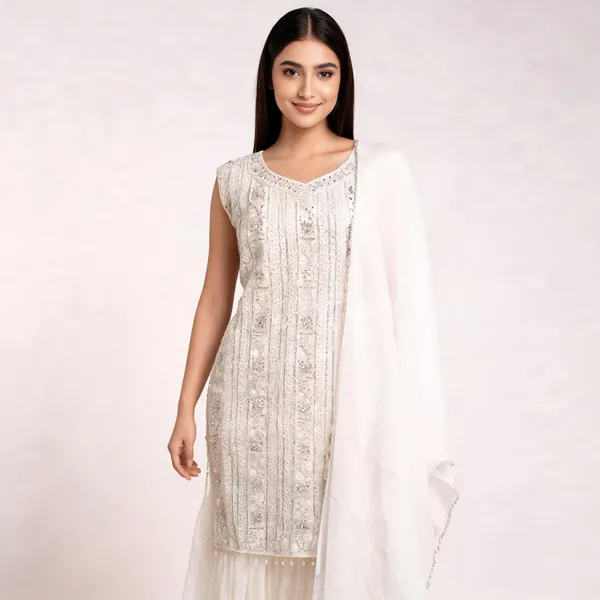 White_Georgette_Sequin_Work_Gharara_Kurta_Dupatta_Set_For_Women