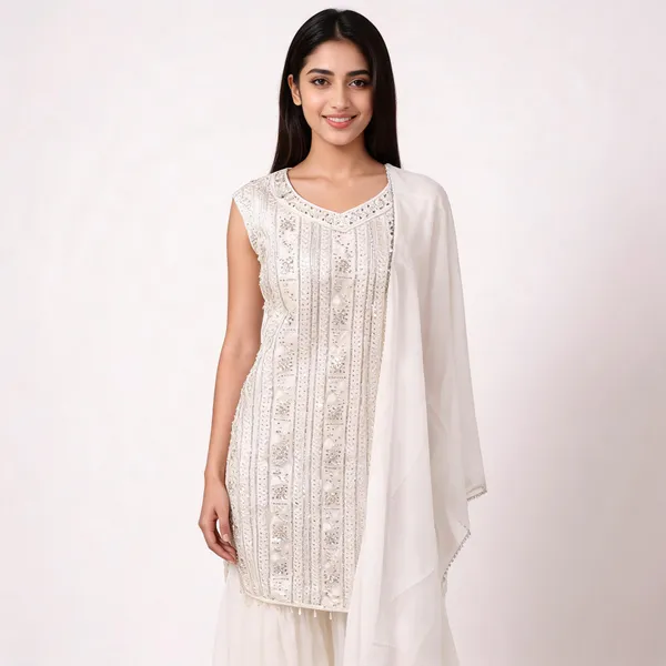 White_Georgette_Sequin_Work_Gharara_Kurta_Dupatta_Set_For_Women
