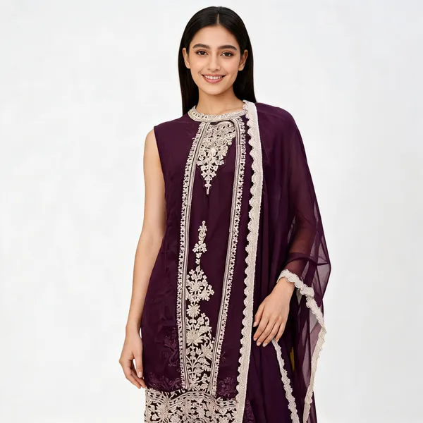 Wine_Georgette_Embroidered_Farshi_Palazzo_Kurta_Dupatta_Set_For_Women
