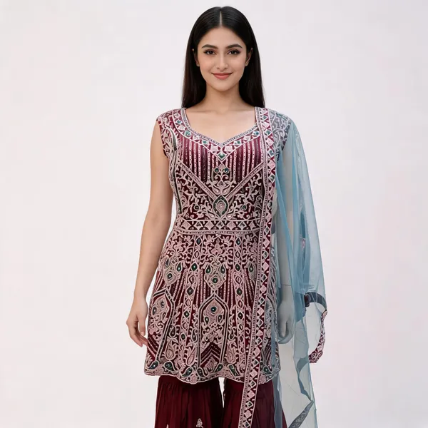 Maroon_Georgette_Embroidered_Gharara_Set_With_Dupatta_For_Women