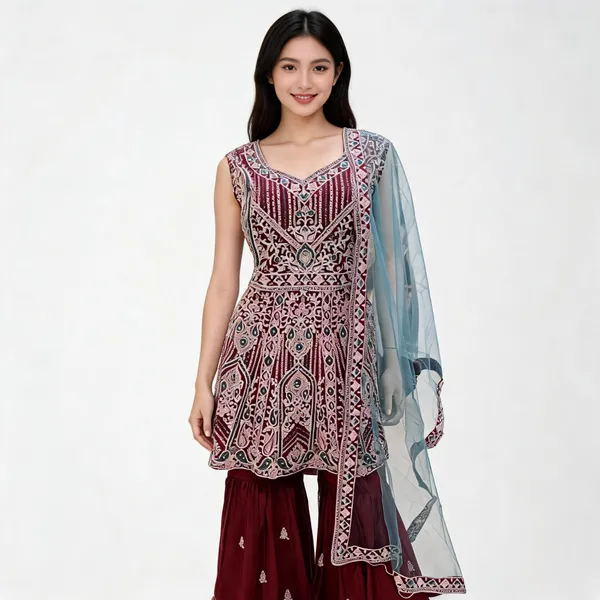 Maroon_Georgette_Embroidered_Gharara_Set_With_Dupatta_For_Women