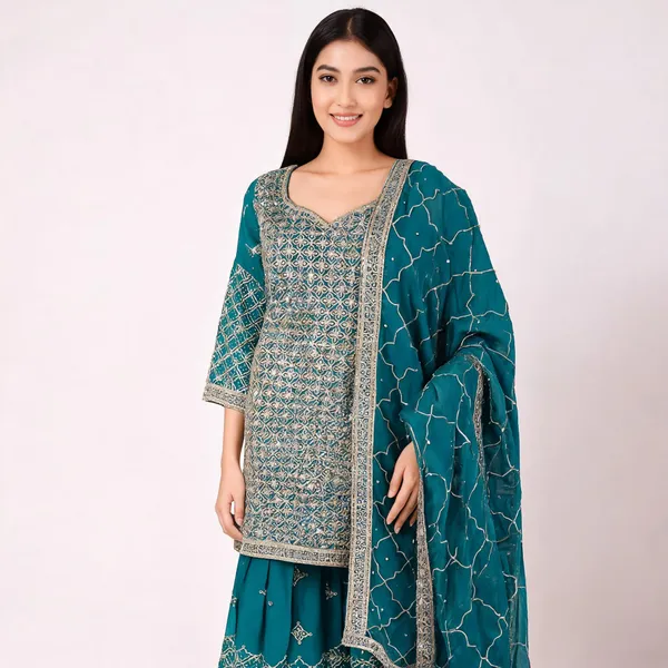 Green_Vichitra_Embroidered_Kurta_Palazzo_Set_With_Dupatta_For_Women