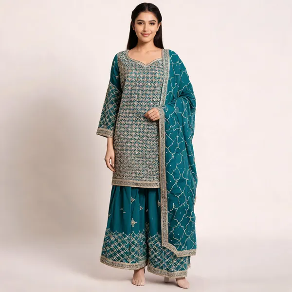 Green_Vichitra_Embroidered_Kurta_Palazzo_Set_With_Dupatta_For_Women
