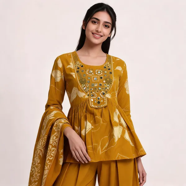 Yellow_Muslin_Peplum_Flared_Palazzo_Set_With_Dupatta_For_Women