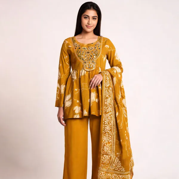 Yellow_Muslin_Peplum_Flared_Palazzo_Set_With_Dupatta_For_Women