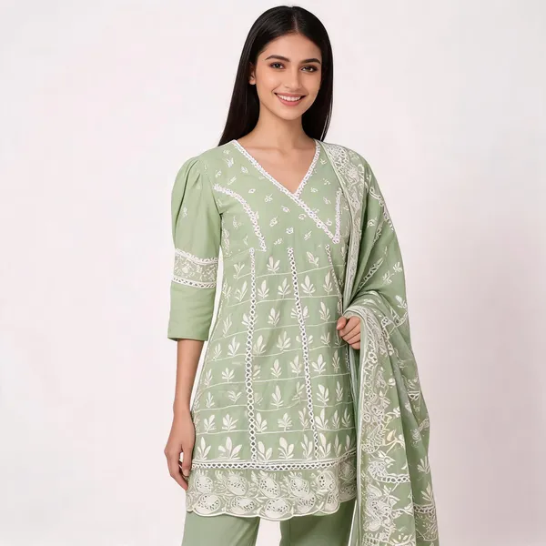 Green_Mal_Cotton_Chikankari_Flared_Kurta_Set_With_Dupatta_For_Women