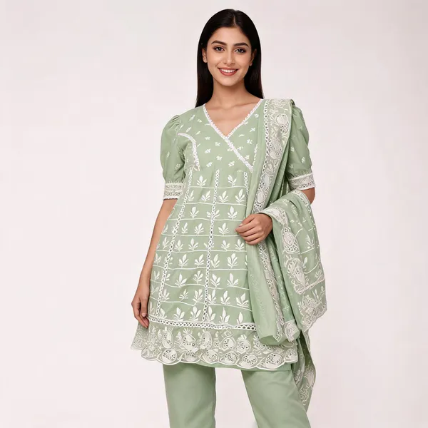 Green_Mal_Cotton_Chikankari_Flared_Kurta_Set_With_Dupatta_For_Women