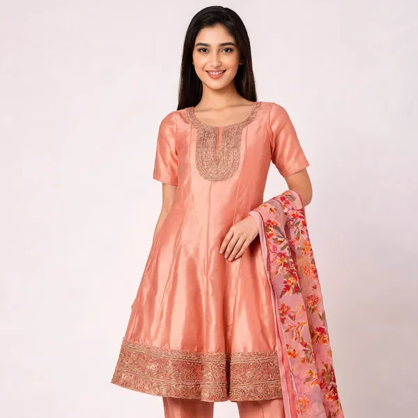 Peach_Vichitra_Silk_Flared_Anarkali_Set_With_Printed_Dupatta_For_Women