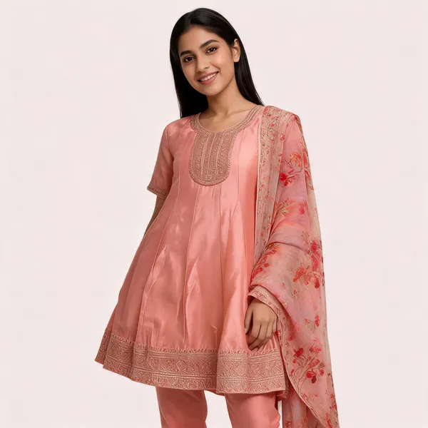 Peach_Vichitra_Silk_Flared_Anarkali_Set_With_Printed_Dupatta_For_Women