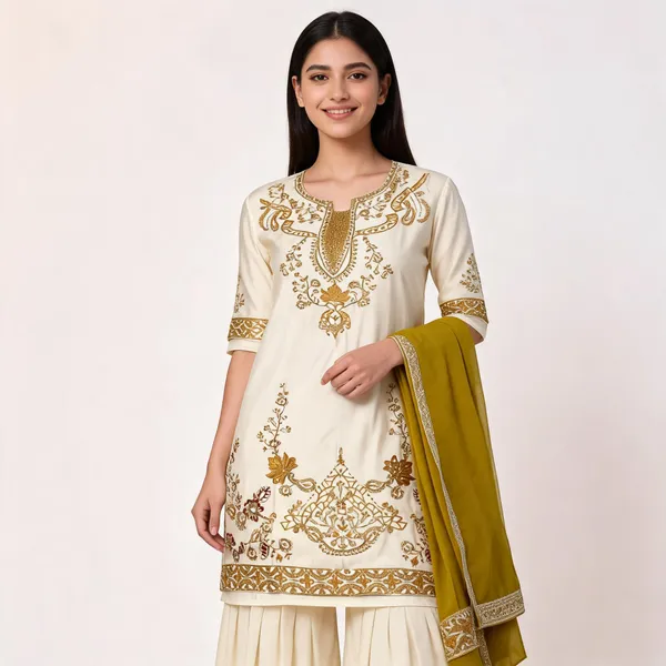 Cream_Satin_Rayon_Long_Pakistani_Kurta_Flared_Palazzo_Set_For_Women