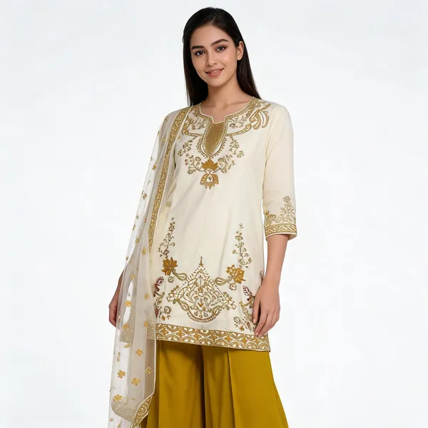 Cream_Satin_Rayon_Long_Pakistani_Kurta_Flared_Palazzo_Set_For_Women