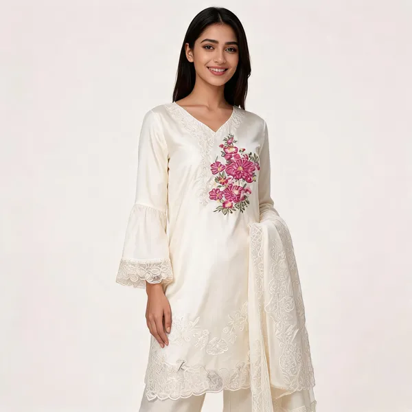 Cream_Satin_Rayon_Floral_Embroidered_Bell_Sleeve_Kurta_Set_For_Women