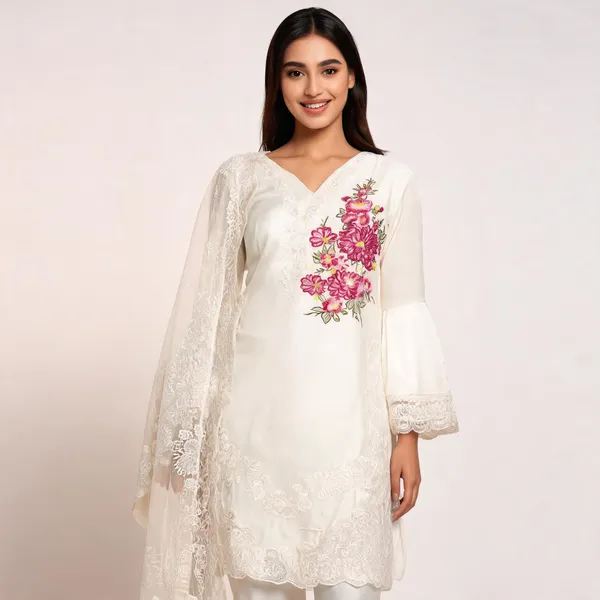 Cream_Satin_Rayon_Floral_Embroidered_Bell_Sleeve_Kurta_Set_For_Women