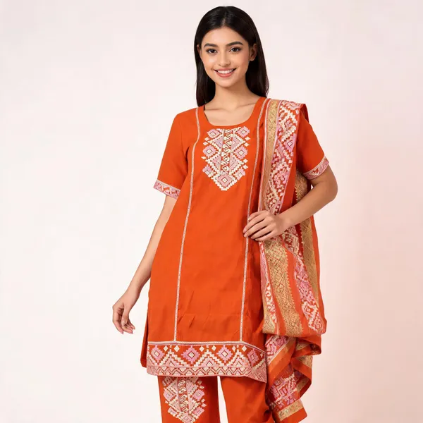 Orange_Liquid_Cotton_Embroidered_Straight_Kurta_Set_With_Dupatta_For_Women