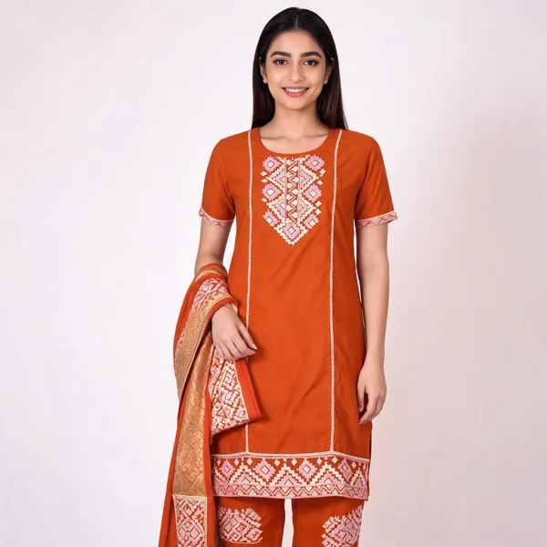 Orange_Liquid_Cotton_Embroidered_Straight_Kurta_Set_With_Dupatta_For_Women