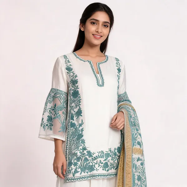 White_Satin_Rayon_Embroidered_Bell_Sleeve_Kurta_Palazzo_Set_For_Women