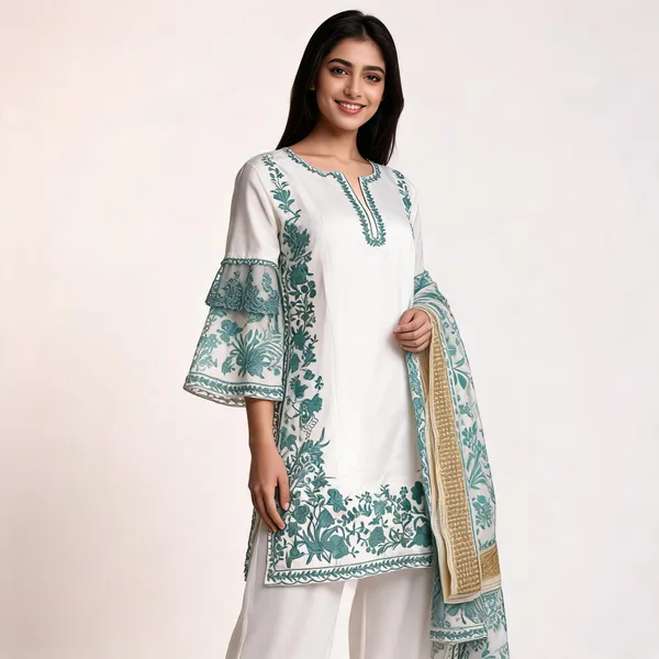 White_Satin_Rayon_Embroidered_Bell_Sleeve_Kurta_Palazzo_Set_For_Women