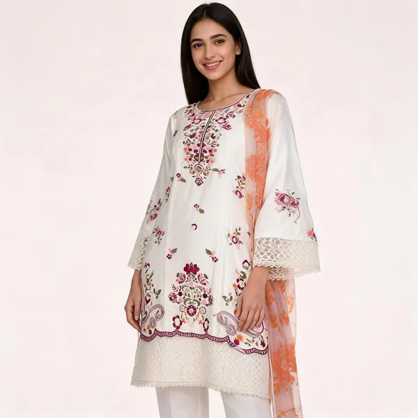 White_Satin_Floral_Embroidered_Bell_Sleeve_Kurta_Set_With_Dupatta_For_Women