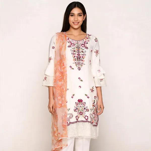 White_Satin_Floral_Embroidered_Bell_Sleeve_Kurta_Set_With_Dupatta_For_Women