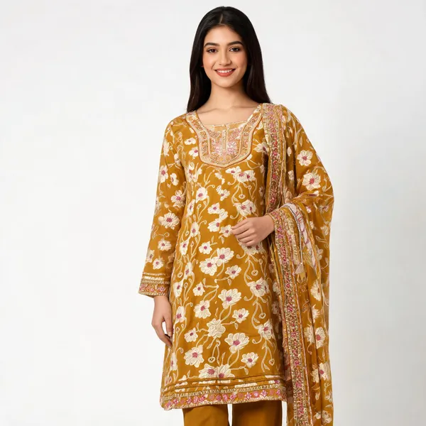 Yellow_Cotton_Flared_Anarkali_Embroidered_Neck_Kurta_Set_For_Women