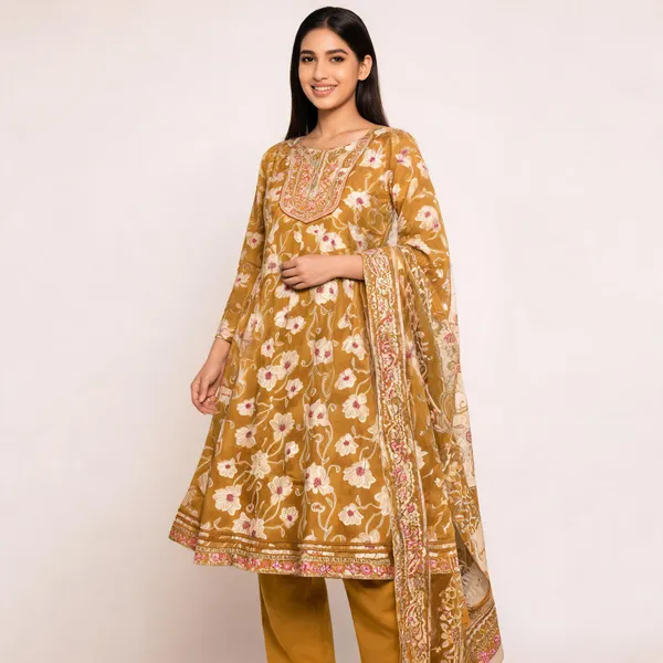 Yellow_Cotton_Flared_Anarkali_Embroidered_Neck_Kurta_Set_For_Women