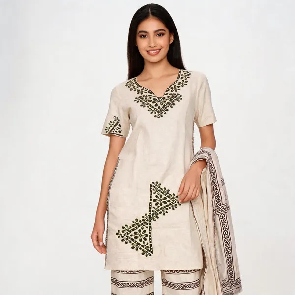 Cream_Khadi_Cotton_Printed_Top_Pant_Dupatta_Set_For_Women