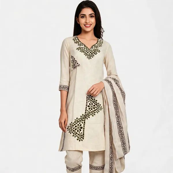 Cream_Khadi_Cotton_Printed_Top_Pant_Dupatta_Set_For_Women