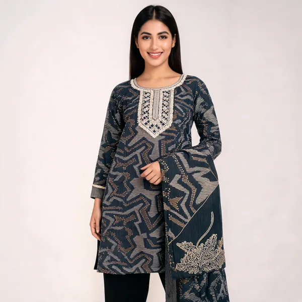 Black_Liquid_Cotton_Printed_Neck_Work_Top_Pant_Dupatta_Set_For_Women