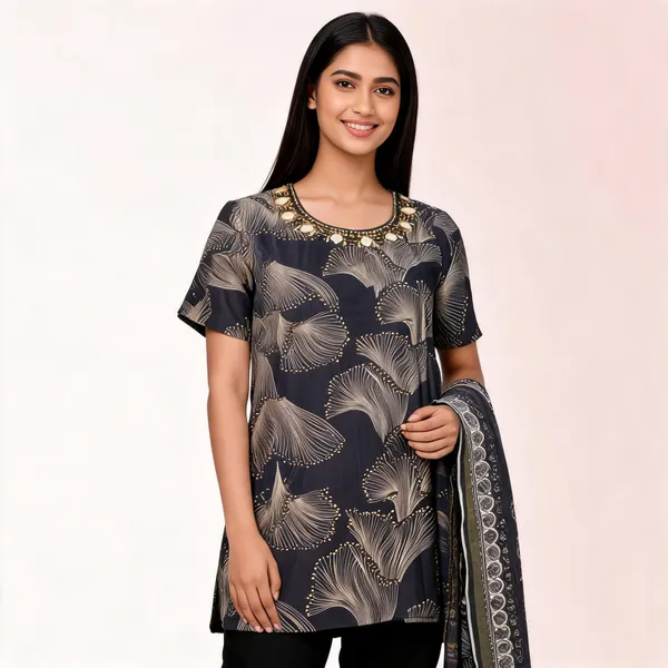 Black_Liquid_Cotton_Printed_Mirror_Neck_Work_Top_Pant_Dupatta_Set_For_Women