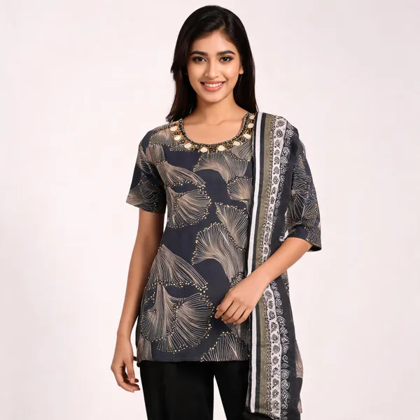 Black_Liquid_Cotton_Printed_Mirror_Neck_Work_Top_Pant_Dupatta_Set_For_Women
