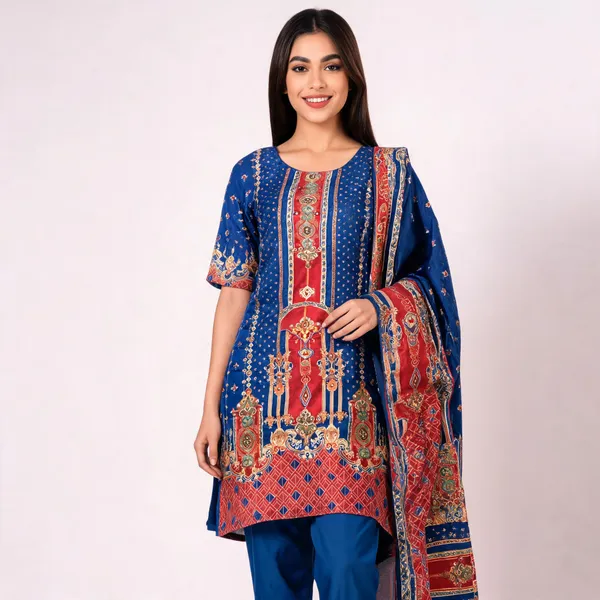 Blue_Vichitra_Silk_Printed_Top_Pant_Dupatta_Set_For_Women