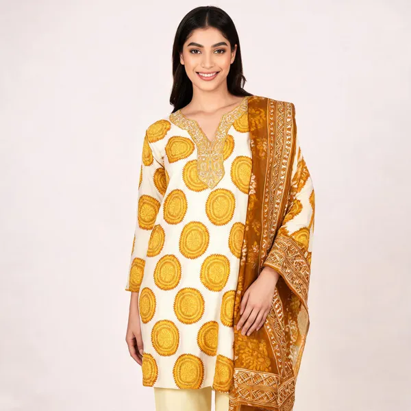 Cream_Yellow_Cotton_Printed_Embroidered_Top_Pant_Dupatta_Set_For_Women