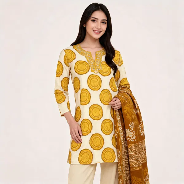 Cream_Yellow_Cotton_Printed_Embroidered_Top_Pant_Dupatta_Set_For_Women