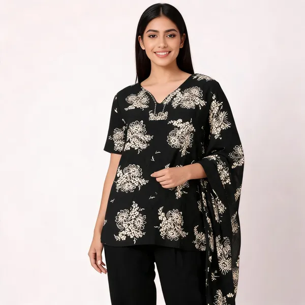 Black_Cotton_Printed_V_Neck_Lace_Top_Pant_Dupatta_Set_For_Women