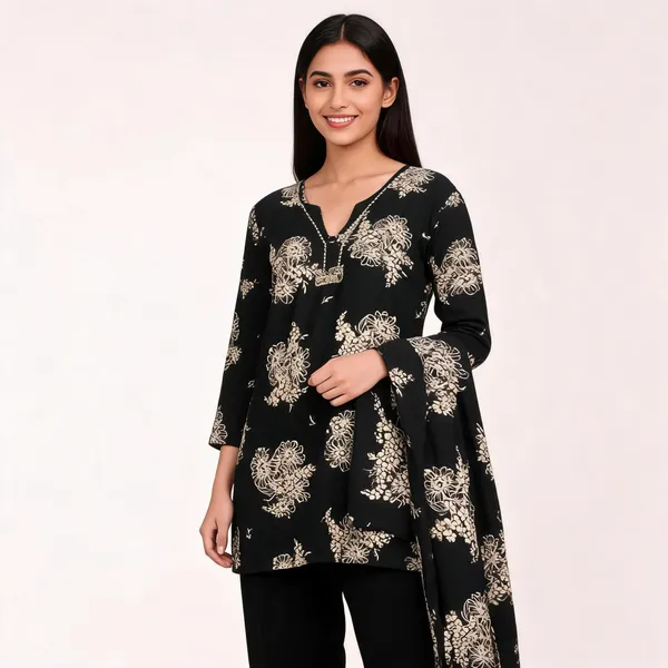 Black_Cotton_Printed_V_Neck_Lace_Top_Pant_Dupatta_Set_For_Women