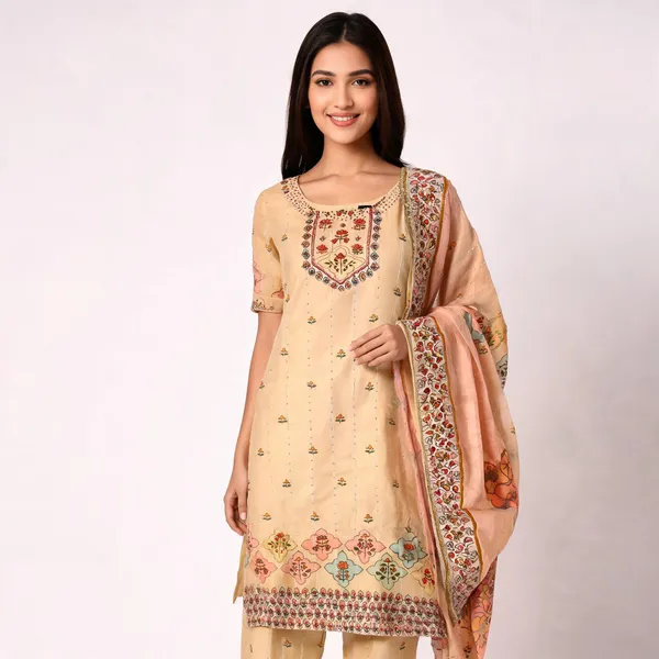 Cream_Muslin_Printed_Top_Pant_Dupatta_Set_For_Women