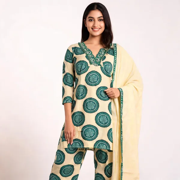 Cream_Green_Cotton_Printed_Embroidered_Top_Pant_Dupatta_Set_For_Women