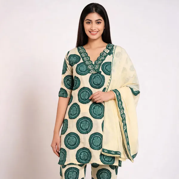 Cream_Green_Cotton_Printed_Embroidered_Top_Pant_Dupatta_Set_For_Women