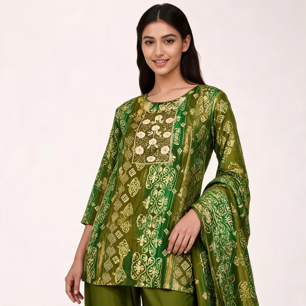 Green_Satin_Printed_Neck_Work_Top_Pant_Dupatta_Set_For_Women