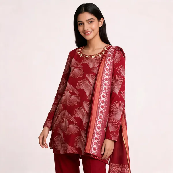 Red_Satin_Printed_Neck_Work_Top_Pant_Dupatta_Set_For_Women