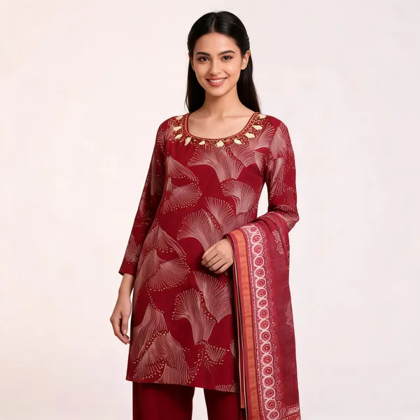 Red_Satin_Printed_Neck_Work_Top_Pant_Dupatta_Set_For_Women