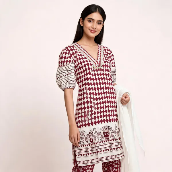 Cream_Pink_Cotton_Printed_Neck_Work_Top_Pant_Dupatta_Set_For_Women