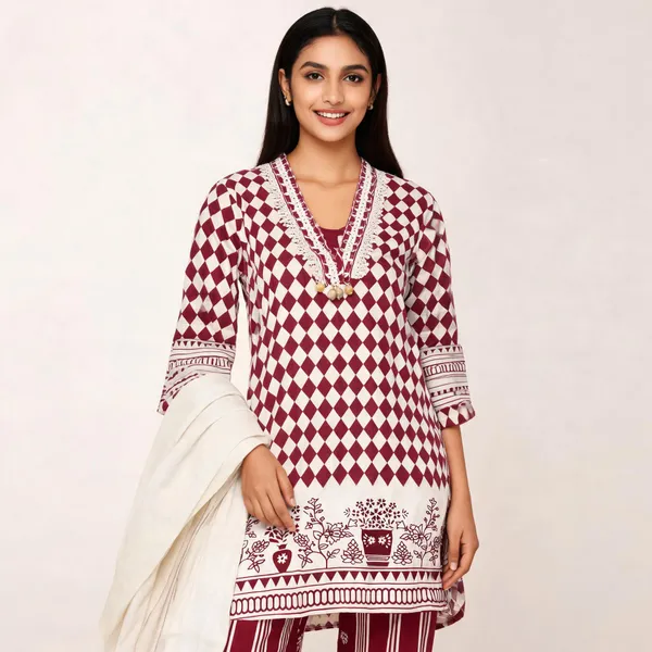 Cream_Pink_Cotton_Printed_Neck_Work_Top_Pant_Dupatta_Set_For_Women
