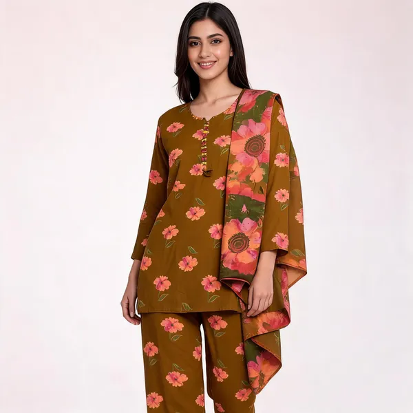 Brown_Cotton_Printed_Top_Pant_Dupatta_Set_For_Women