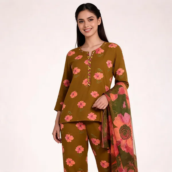 Brown_Cotton_Printed_Top_Pant_Dupatta_Set_For_Women