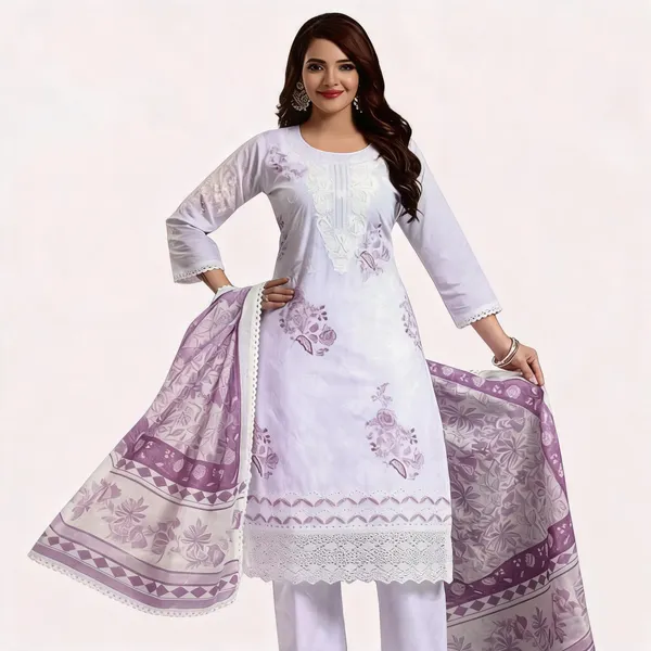 White_Cotton_Embroidered_Printed_Kurta_Set_For_Women