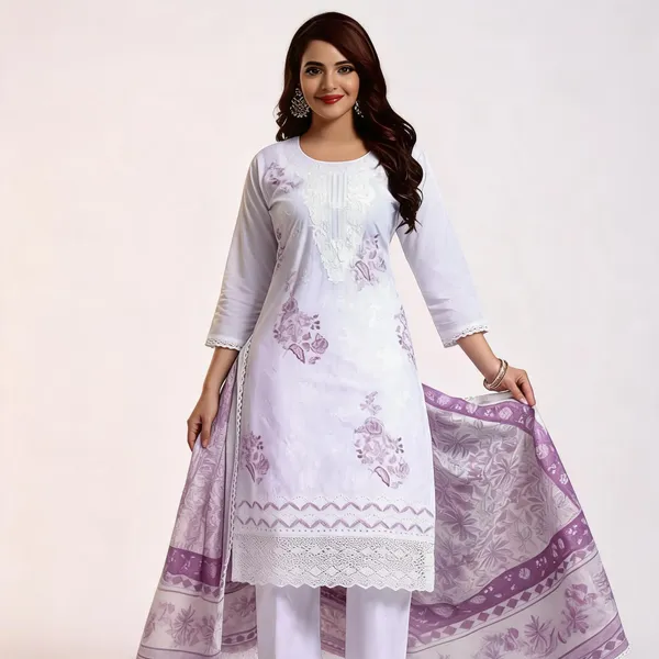 White_Cotton_Embroidered_Printed_Kurta_Set_For_Women